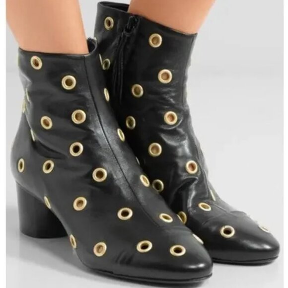 Isabel Marant Danay Eyelet Grommet Black Leather Ankle Boots Booties 7 - Picture 1 of 10